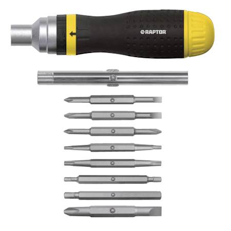 Raptor Tools 19 in 1 Ratchet Screwdriver with Star Tip, Robertson, Phillips, Flat Head, and Nut Drivers Black / Yellow