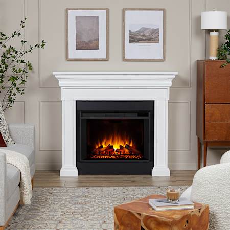 Real Flame Emerson 5000BTU / 1500W 56 Inch Wide Free Standing Vent-Free Electric Mantel Fireplace with Remote Control Rustic White