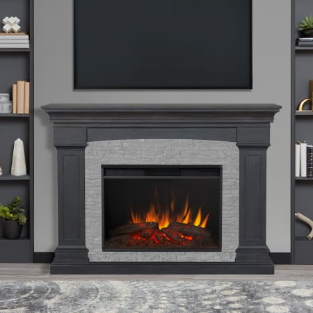Real Flame Deland 5000 BTU / 1500W 63 Inch Wide Free Standing Vent-Free Electric Mantel Fireplace with Remote Control Gray Stone