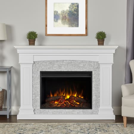 Real Flame Deland 5000 BTU / 1500W 63 Inch Wide Free Standing Vent-Free Electric Mantel Fireplace with Remote Control White