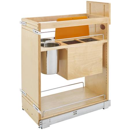 Rev-A-Shelf Wood Classics Soft Close 11-3/4"W Pull Out Base Cabinet Knife Block Kitchen Utensil Organizer with Cutting Mats and Utensil Canisters Maple