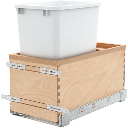 Rev-A-Shelf Value Line 21-1/2" Wood Bottom Mount 35 Quart / 9 Gallon Pull Out Single Trash Can System with Soft Close Slides and Rear Storage Cubby Maple