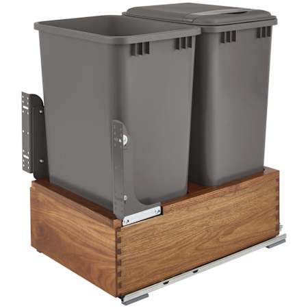 Rev-A-Shelf Wood Classics 16"W Walnut Bottom Mount Double Pull Out 50 Qt / 12.5 Gallon Trash Can System with Soft Close Slides Walnut / Orion Gray