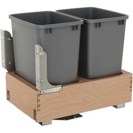 Rev-A-Shelf Wood Classics 14-1/4"W Double 35 Qt / 8.75 Gallon Pull Out Trash Can System with Soft Open and Close Maple / Metallic Silver