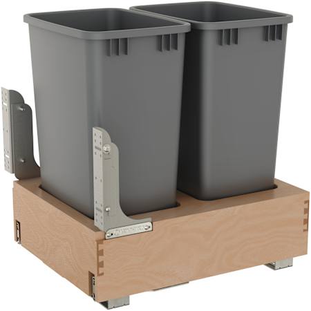 Rev-A-Shelf Wood Classics 17-1/4"W Wood Double 50 Qt / 12.5 Gallon Pull Out Trash Can Waste System with Soft Open and Close - Includes 2 Bins Maple / Metallic Silver