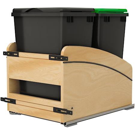 Rev-A-Shelf Craftsman 15" Wide Solid Maple Designer Double 35 Qt / 8.75 Gallon Slide Pull Out Trash Can System with Soft Close Slides, (2) Bins and (2) Lids Maple / Black