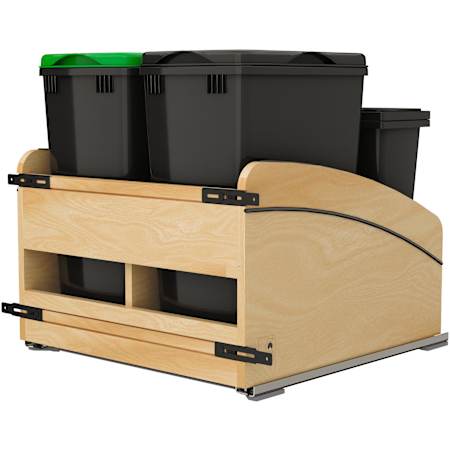 Rev-A-Shelf Craftsman 21" Wide Designer Solid Maple Combination Trash / Compost Double 32 Quart Pull Out Trash Can System with Lids and Soft Close Slides Maple / Black
