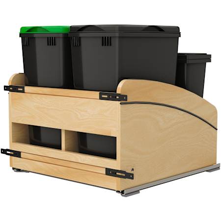 Rev-A-Shelf Craftsman 21" Wide Designer Solid Maple Combination Trash / Compost Double 32 Quart Pull Out Trash Can System with (2) Trash Cans with Lids, (2) Compost Bins with Lids, and Blum Soft Close Slides Maple / Black