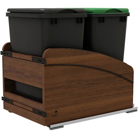 Rev-A-Shelf Craftsman 15" Bottom Mount Double 35 Quart Capacity Pull Out Trash Cans with Lids and Soft-Close Slides Walnut / Black