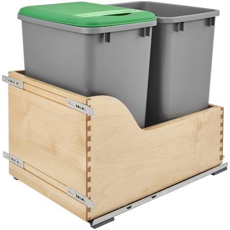 Rev-A-Shelf Wood Classics 15"W Pull Out Double 35 Qt / 8.75 Gallon Trash Can Drawer System with Soft Close for Inset Cabinet Door Maple / Metallic Silver