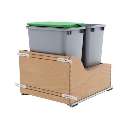 Rev-A-Shelf Wood Classics 18"W Double 35 Qt / 8.75 Gallon Pull Out Trash Can System with Soft Close Slides for Cabinets Maple / Metallic Silver