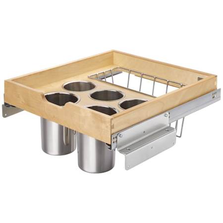 Rev-A-Shelf Wood Classics 22-7/16"W Soft Close Pull Out Base Cabinet Utensil Organizer w/ (5) Stainless Steel Utensil Bins and Basket Maple