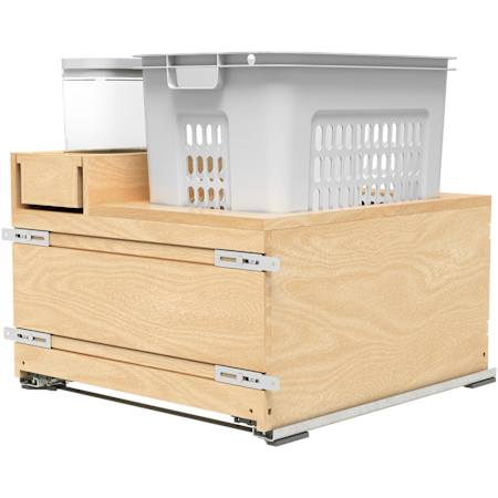 Rev-A-Shelf Wood Classics 21"W Soft Close Pull Out Base Cabinet Laundry Clothes Hamper with Basket and OXO Storage Container Maple / White