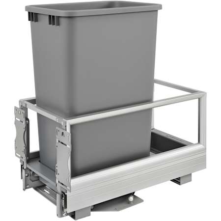 Rev-A-Shelf Contemporary 12-1/4"W Aluminum Single 50 Qt / 12.5 Gallon Pull Out Trash Can Waste System with Rear Storage and Soft Open - Close for Full Height Cabinet Silver