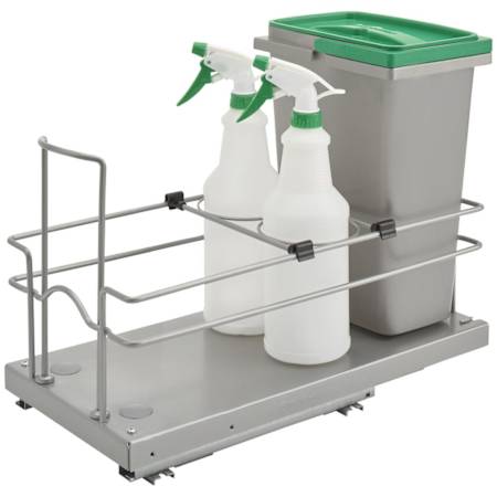 Rev-A-Shelf Sink Classics 9"W Under Sink Pull Out Cleaning Organizer with Small 8L Bin, (2) Spray Bottles and Soft Close Slides Chrome