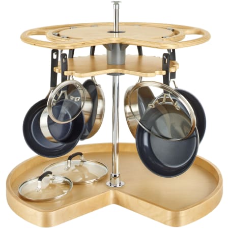 Rev-A-Shelf Glideware Wood 2 Tier 32" Kidney Pots and Pans Storage Lazy Susan with 26-31" Adjustable Post and 7 Hooks for Corner Base Cabinets Maple