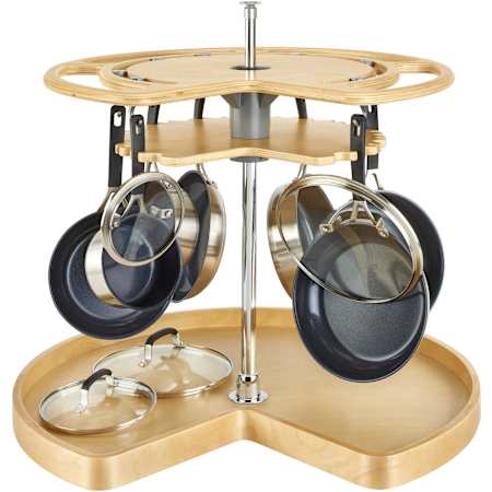Rev-A-Shelf Glideware Wood 2 Tier 32" Kidney Pots and Pans Storage Lazy Susan with 26-31" Adjustable Post and 7 Hooks for Corner Base Cabinets Maple
