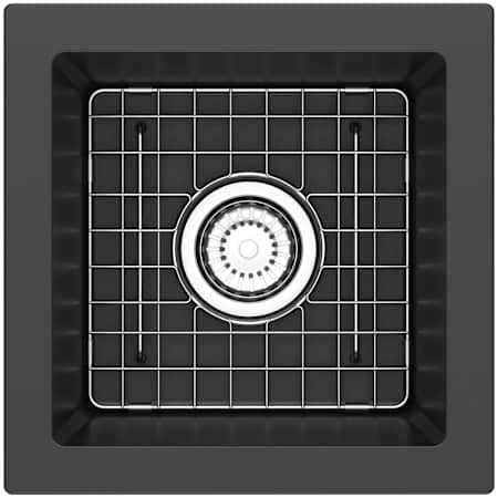 Riobel Fonsa 15" Undermount Single Basin Quartz Composite Bar Sink with Basin Rack and Basket Strainer Black