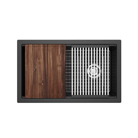 Riobel Fonsa 30-1/4" Undermount Single Basin Quartz Composite Kitchen Sink with Basin Rack, Basket Strainer and Cutting Board Black