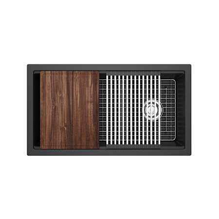 Riobel Fonsa 33" Undermount Single Basin Quartz Composite Kitchen Sink with Basin Rack, Basket Strainer and Cutting Board Black