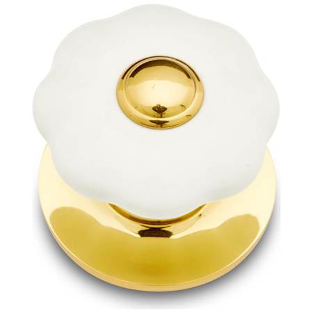 RK International Porcelain 1-1/4" Classic Flower Floral Mushroom Cabinet / Drawer / Furniture Knob with Backplate Polished Brass / White