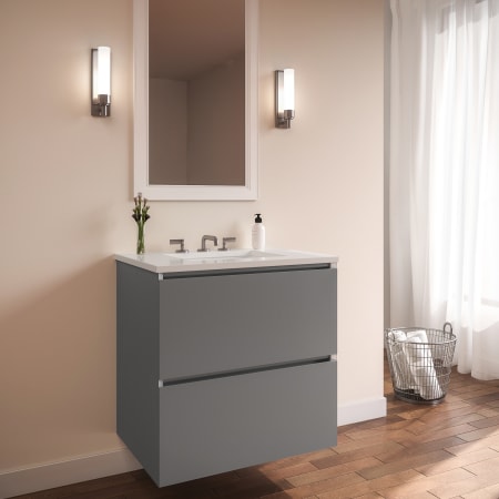 Finish: Matte Gray Glass Vanity with White Top