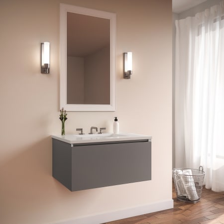 Finish: Matte Gray Glass Vanity with White Top
