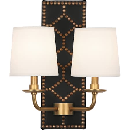 Robert Abbey Williamsburg Lightfoot 2 Light 17" Tall Wall Sconce with Fondine Fabric Shades Blacksmith Black Leather / Nailhead Detail / Aged Brass