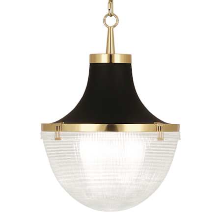 Robert Abbey Brighton 13" Wide Pendant with Holophane Glass Shade Modern Brass / Matte Black Hood
