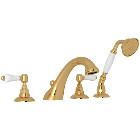 Rohl Acqui Deck Mounted Roman Tub Filler with Built-In Diverter - Includes Hand Shower Italian Brass
