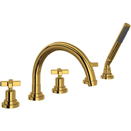 Rohl Lombardia Deck Mounted Tub Filler with Built-In Diverter - Includes Hand Shower Unlacquered Brass (Living Finish)