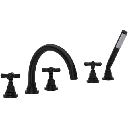 Rohl San Giovanni Deck Mounted Roman Tub Filler with Built-In Diverter - Includes Hand Shower Matte Black