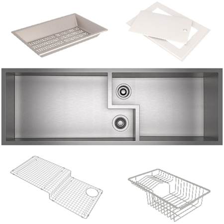Rohl Culinario 51-5/8" Undermount Double Basin Stainless Steel Kitchen Sink with Basin Rack, Colander, and Cutting Board Brushed Stainless Steel