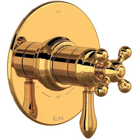 Rohl Arcana Two Independent and One Shared Function Thermostatic Valve Trim Only with Single Cross / Lever Handle, Integrated Diverter, and Volume Control - Less Rough In Italian Brass
