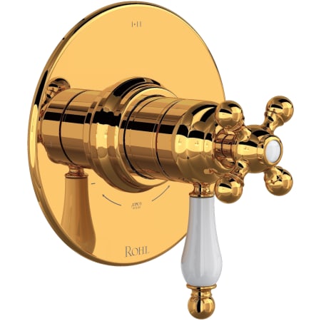 Rohl Arcana Two Independent and One Shared Function Thermostatic Valve Trim Only with Single Cross / Lever Handle, Integrated Diverter, and Volume Control - Less Rough In Italian Brass