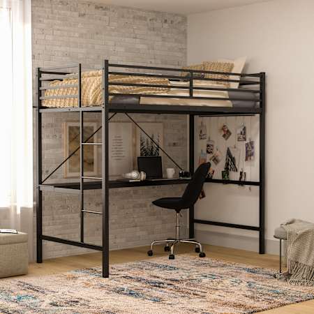Roseto Tibold Twin Steel Bunk Bed Frame with Protective Guard Rails and Ladder Black
