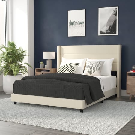 Roseto Miltiades Queen Wood Platform Bed Frame with Slatted Supports Beige