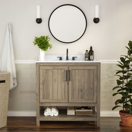 Roseto Pinnacle 36" Free Standing Single Basin Vanity Set with Cabinet and Stone Vanity Top Brown / White Top