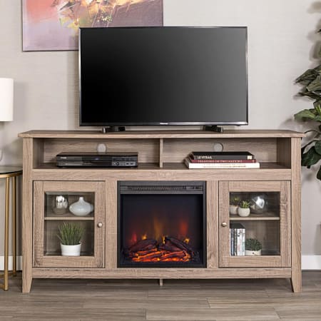 Roseto 58" Wide Contemporary High Boy TV Stand Media Cabinet with Electric Fireplace Driftwood
