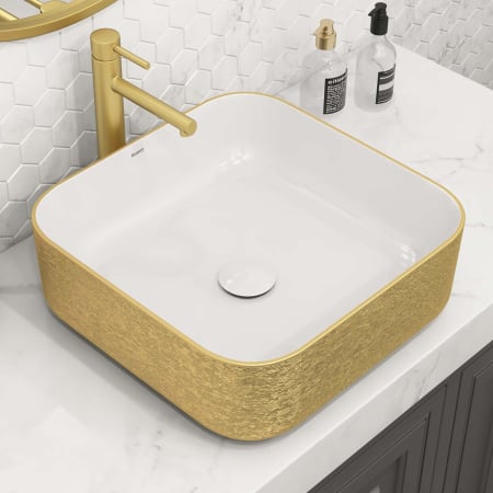 Ruvati Pietra 15" Square Porcelain Vessel Bathroom Sink Gold / White