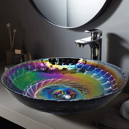 Ruvati Murano 16-1/8" Specialty Glass Vessel Bathroom Sink with Decorative Pattern Cosmic Black