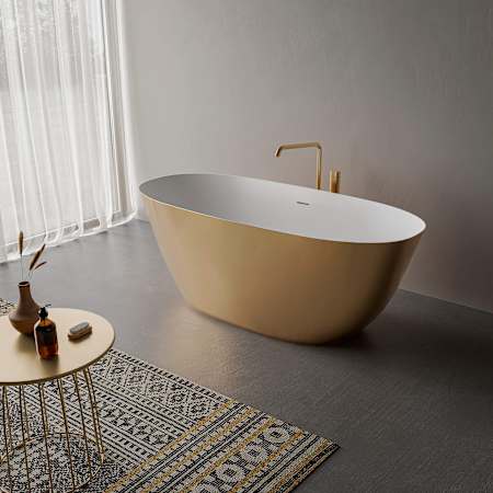 Ruvati Sinatra 63" Free Standing EpiStone Solid Surface Soaking Tub with Center Drain, Drain Assembly, and Overflow Matte Gold