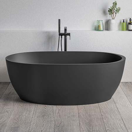 Ruvati Canali 59" Free Standing EpiStone Solid Surface Soaking Tub with Right Drain, Drain Assembly, and Overflow Matte Black