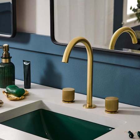 Ruvati Fabio 1.2 GPM Widespread Bathroom Faucet with Arch Spout Brushed Gold