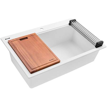 Ruvati epiGranite 33" Drop In Single Basin Granite Composite Kitchen Sink with Cutting Board Arctic White
