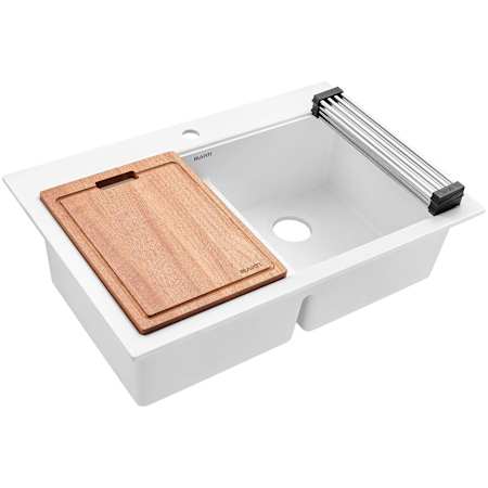 Ruvati epiGranite 33" Drop In Double Basin Granite Composite Kitchen Sink with Cutting Board Arctic White