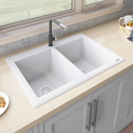 Ruvati epiGranite 33" Undermount Double Basin Granite Composite Kitchen Sink with Sound Dampening Arctic White