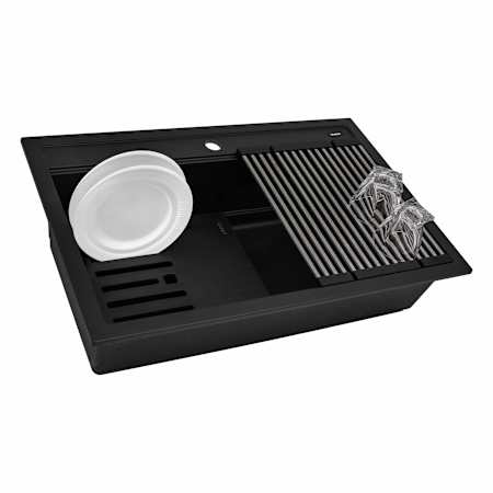 Ruvati epiCube 31-1/8" Drop In Single Basin Granite Composite Kitchen Sink with Basket Strainer and Cutting Board Black