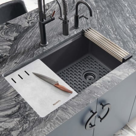 Ruvati epiStage 33" Undermount Single Basin Granite Composite Kitchen Sink with Basin Rack, Basket Strainer and Cutting Board Black