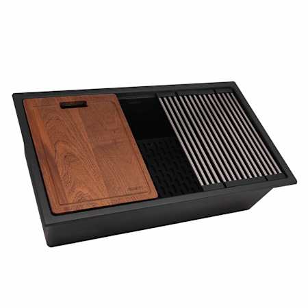Ruvati epiRock 33" Undermount Single Basin Granite Composite Kitchen Sink with Basket Strainer and Cutting Board Charcoal Black